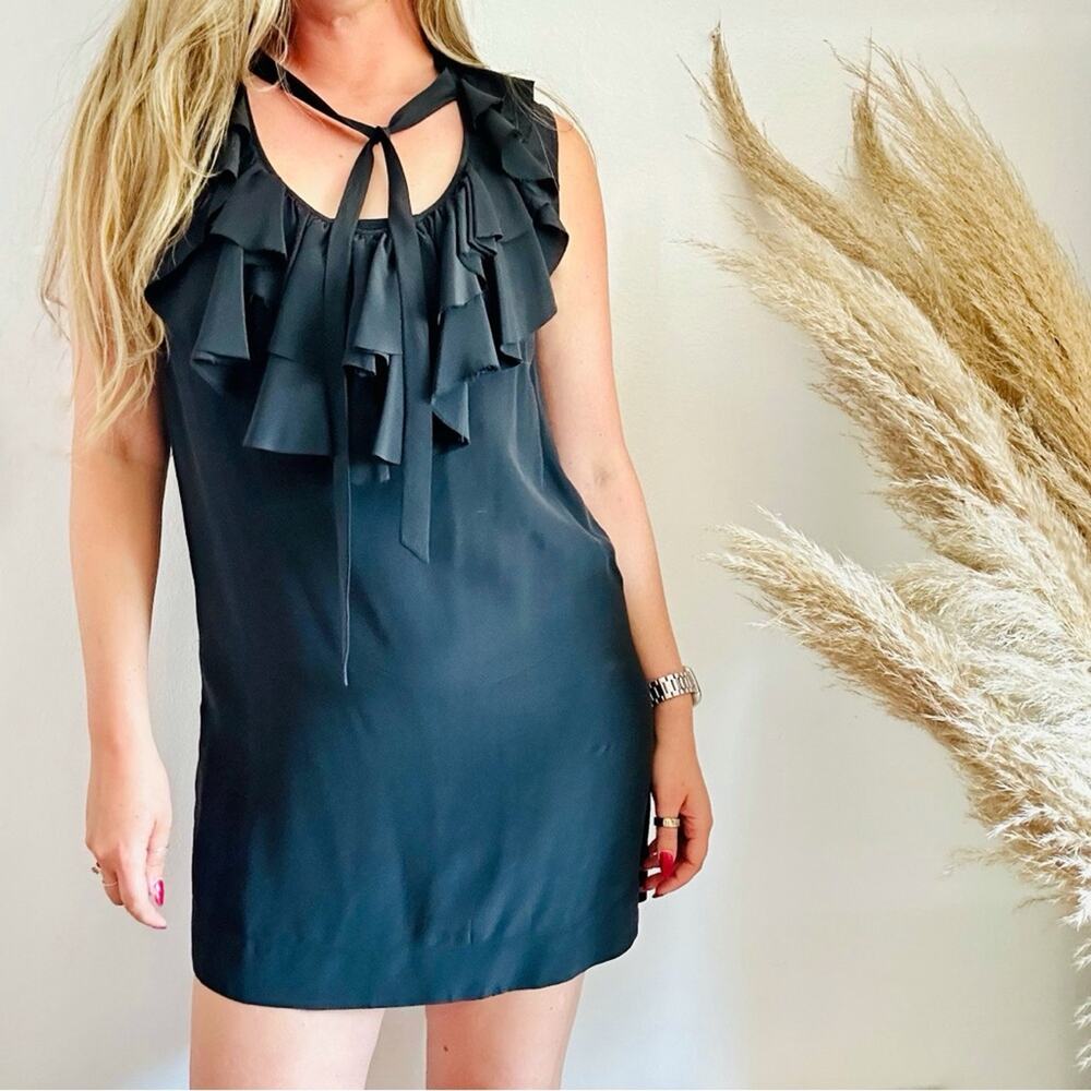 JOIE Black Ruffle Scoop Neck LBD Shift Sheath Mini Tank Top Tie Neck Dress S